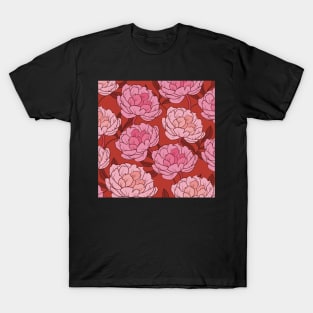 The pink peonies in a lovely pattern on a red background T-Shirt